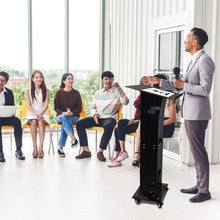 Load image into Gallery viewer, (Household/Office) Professional Presentation Podium/Acrylic Pulpit Stand/47" Clear Black Rolling Podium Stand with Storage Shelf/Classroom, Weddings, Conference, Concert