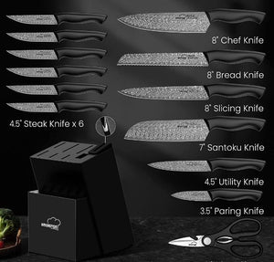 Knife Set, Damascus Kitchen Knife Set with Block, Built-in Knife