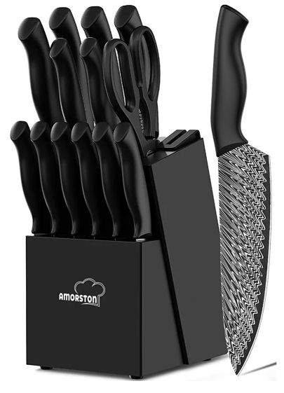 ANTINIVES Black Knife Block Sets, 14 Pcs German Stainless Steel Knife Sets for Kitchen with Block, Kitchen Knife Sets with Built-in Sharpener