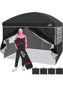 (Lawn & Garden) AIGOCANO Pop up Canopy Tent with 4 Sidewalls/10x10 Deluxe Dome Gazebo/Roller Bag/4 Sandbags/4 Ropes/8 Stakes(Black)