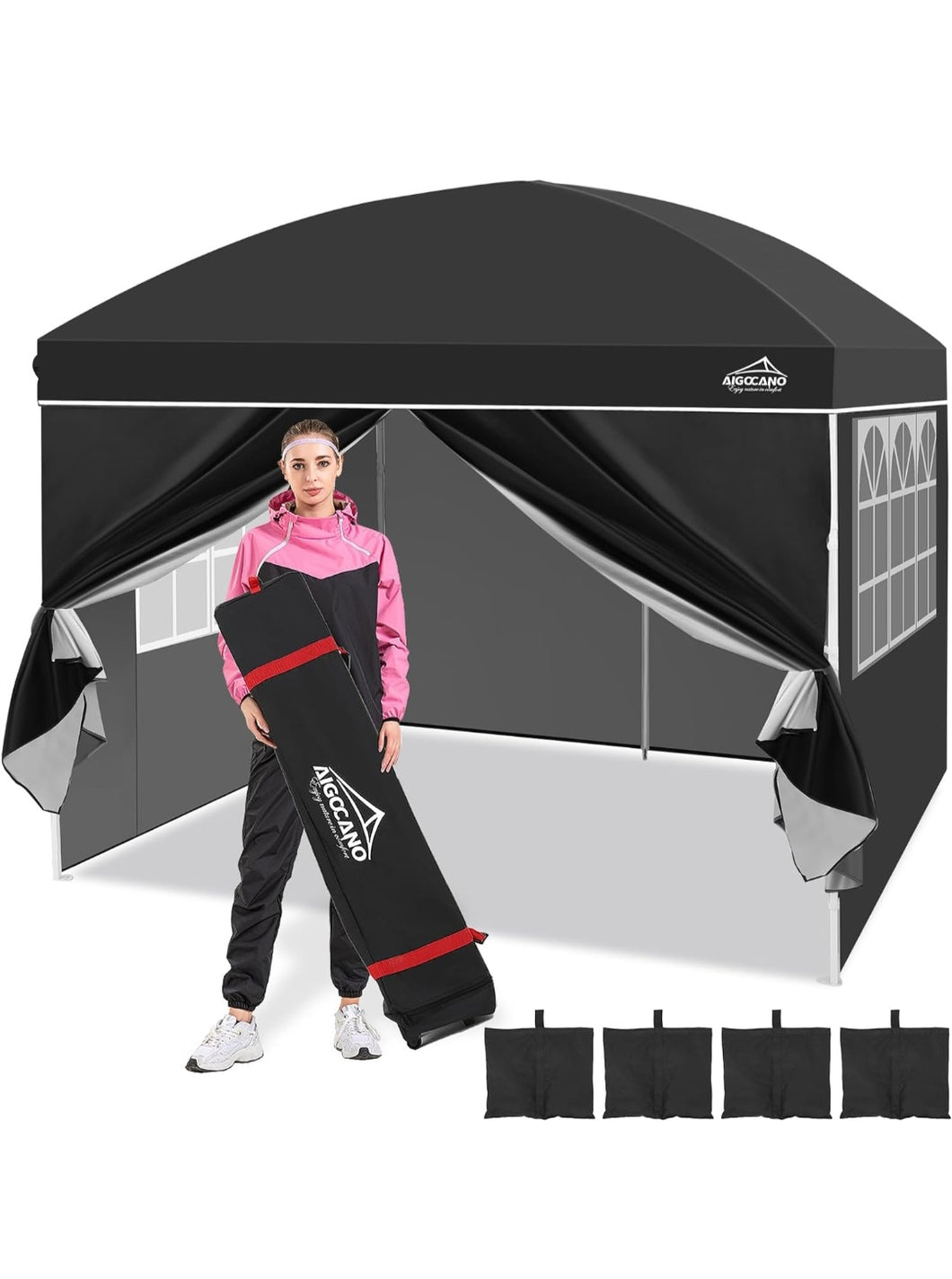 (Lawn & Garden) AIGOCANO Pop up Canopy Tent with 4 Sidewalls/10x10 Deluxe Dome Gazebo/Roller Bag/4 Sandbags/4 Ropes/8 Stakes(Black)