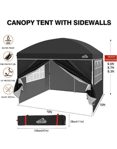 (Lawn & Garden) AIGOCANO Pop up Canopy Tent with 4 Sidewalls/10x10 Deluxe Dome Gazebo/Roller Bag/4 Sandbags/4 Ropes/8 Stakes(Black)