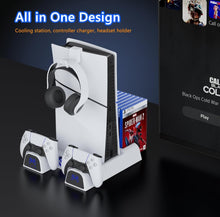 Load image into Gallery viewer, (Electronics) Vertical Stand with Cooling Fan Station for PS5 Slim Console/Playstation 5 Slim Accessories Charger for Disc Digital Edition/Controller Charging Dock/Headset Holder/Game Storage/Remote Slot
