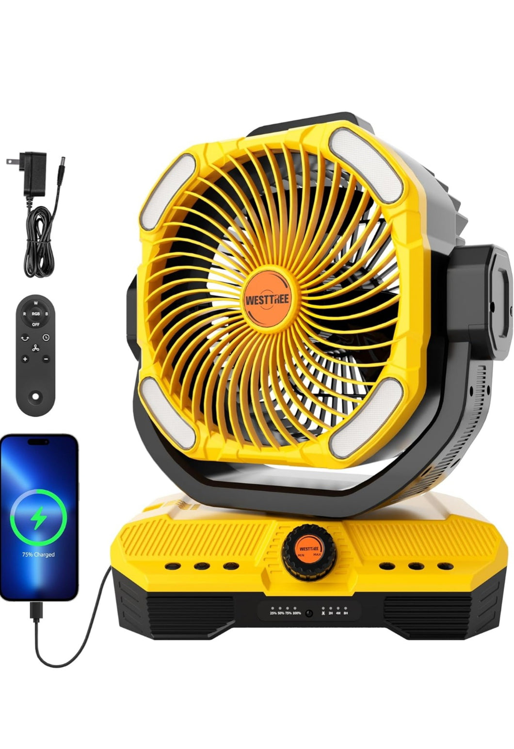 WESTTREE Battery Operated Large Airflow Fan/45000mAh/Rechargeable Cordless/360°Auto Oscillation & Timer/Quiet/Battery Powered/Portable with RGBW Lights