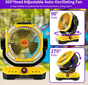 WESTTREE Battery Operated Large Airflow Fan/45000mAh/Rechargeable Cordless/360°Auto Oscillation & Timer/Quiet/Battery Powered/Portable with RGBW Lights