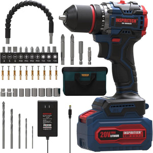 (Household) INSPIRITECH 20V Cordless Drill Set/Brushless Power Drill Set with 3.0Ah Battery and Charger/3.8-Inch Metal Chuck Electric Drill Driver/22 Torque Setting/Drill-Driver Bits and Tool Bag Included