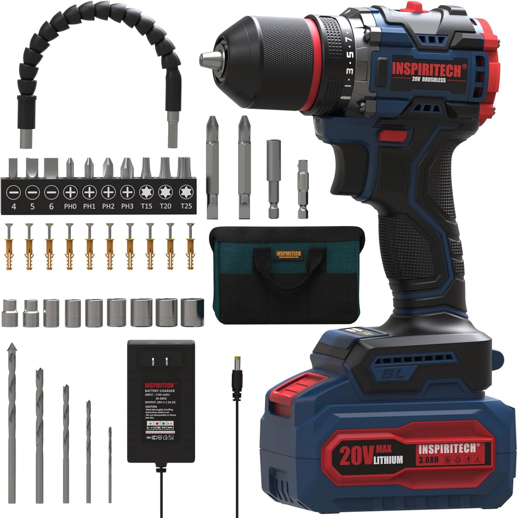 (Household) INSPIRITECH 20V Cordless Drill Set/Brushless Power Drill Set with 3.0Ah Battery and Charger/3.8-Inch Metal Chuck Electric Drill Driver/22 Torque Setting/Drill-Driver Bits and Tool Bag Included