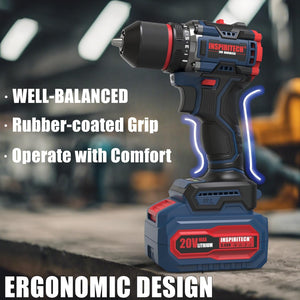 (Household) INSPIRITECH 20V Cordless Drill Set/Brushless Power Drill Set with 3.0Ah Battery and Charger/3.8-Inch Metal Chuck Electric Drill Driver/22 Torque Setting/Drill-Driver Bits and Tool Bag Included