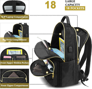 (School) MANETTA Bookbag for Women/RFID Pocket/USB Charging Port for 15.6 Inch Computer/Casual Daypack for College or Office