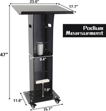 Load image into Gallery viewer, (Household/Office) Professional Presentation Podium/Acrylic Pulpit Stand/47&quot; Clear Black Rolling Podium Stand with Storage Shelf/Classroom, Weddings, Conference, Concert
