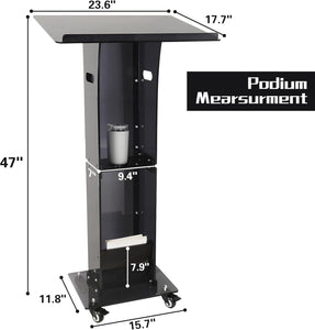 (Household/Office) Professional Presentation Podium/Acrylic Pulpit Stand/47" Clear Black Rolling Podium Stand with Storage Shelf/Classroom, Weddings, Conference, Concert