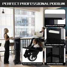 Load image into Gallery viewer, (Household/Office) Professional Presentation Podium/Acrylic Pulpit Stand/47&quot; Clear Black Rolling Podium Stand with Storage Shelf/Classroom, Weddings, Conference, Concert

