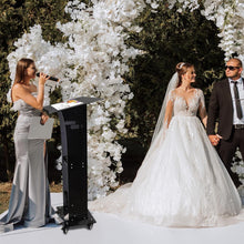 Load image into Gallery viewer, (Household/Office) Professional Presentation Podium/Acrylic Pulpit Stand/47&quot; Clear Black Rolling Podium Stand with Storage Shelf/Classroom, Weddings, Conference, Concert
