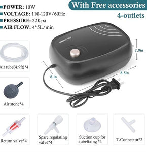 (Pet Supplies) HITOP 10W Powerful Aquarium Air Pump/Air Pump for Fish Tank/Quiet Aquarium Aerator with Complete Accessories/For Tank, Hydroponic & Pond Oxygenation