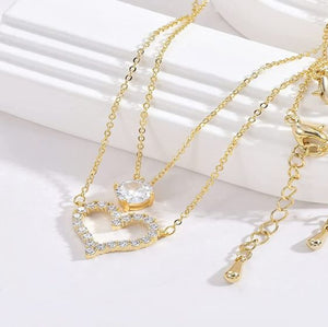 (Jewelry) BUREI Layered Gold Heart Necklace/14K Gold Plated Heart Pendant Necklace/Women